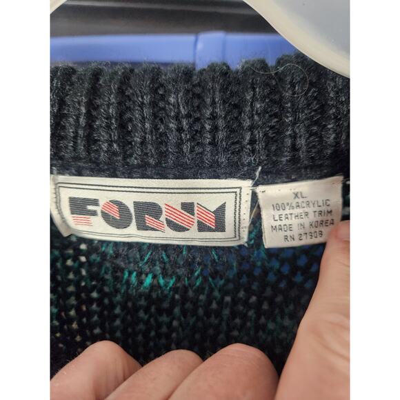 Vintage 80s Acrylic and Leather sweater men's XL - Picture 3 of 4